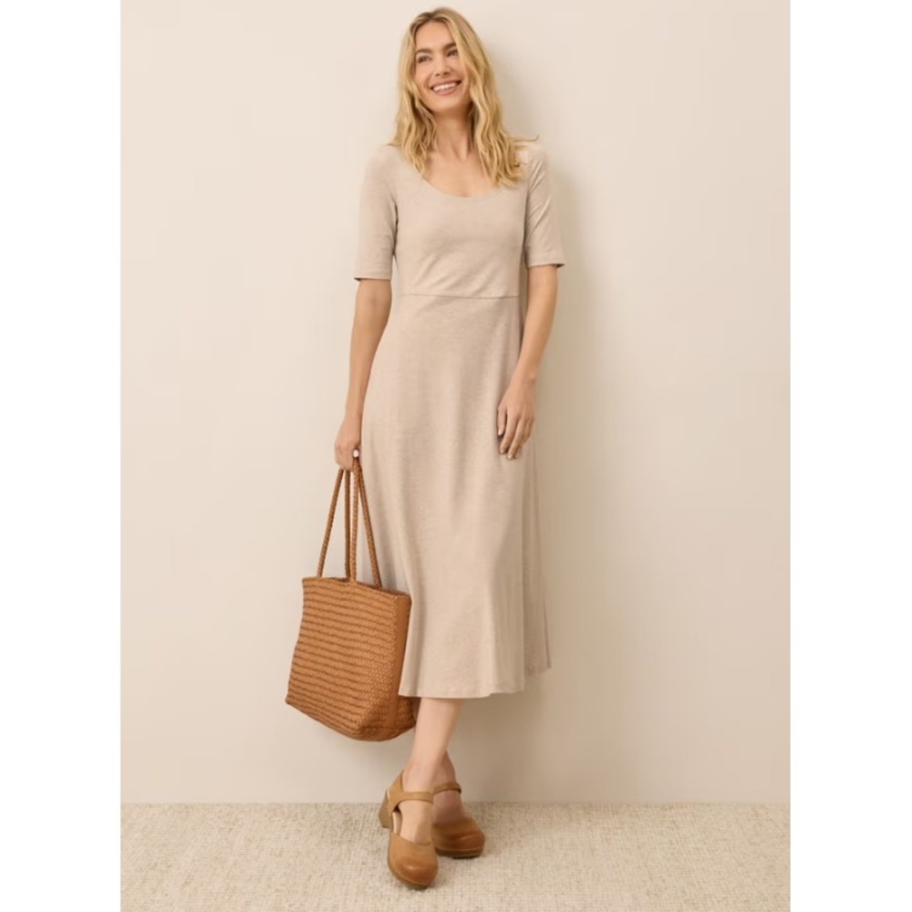 Pact Fit & Flare Signature Scoop Dress Tan Beige Pockets Maxi Casual Everyday L